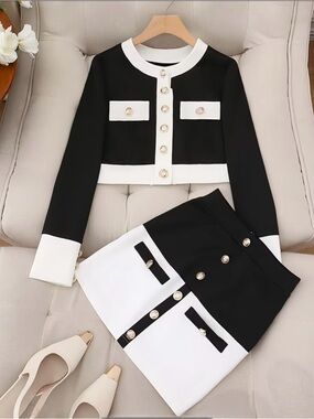 Women’s Plus Outfit Set Black & White with Gold Buttons Top & Skirt Size XXL